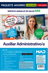 Coberta de Paquete Ahorro + TEST PAPEL y ONLINE Auxiliar Administrativo/a Servicio Andaluz de Salud. Ahorra 83 (incluye en papel: Temario común; Temario específico 1 y 2; Test temario común; Test temario e